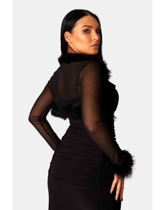 Feather Trim Mesh Shrug Black
