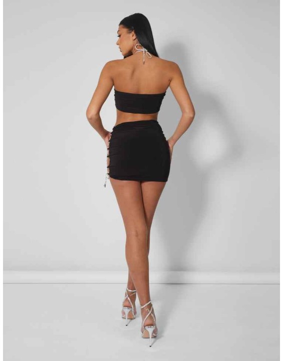 Cross Front Diamante Rope Crop Top Black