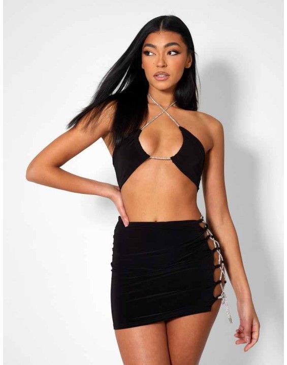 Cross Front Diamante Rope Crop Top Black