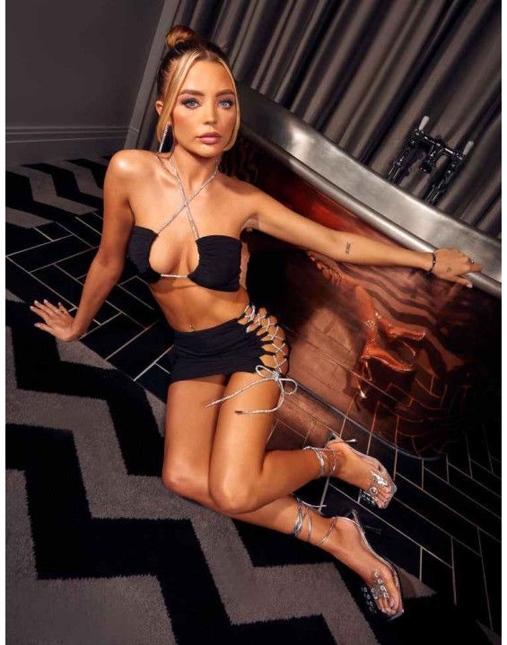 Cross Front Diamante Rope Crop Top Black