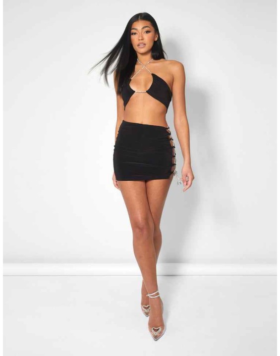 Diamante Rope Slinky Mini Skirt Black