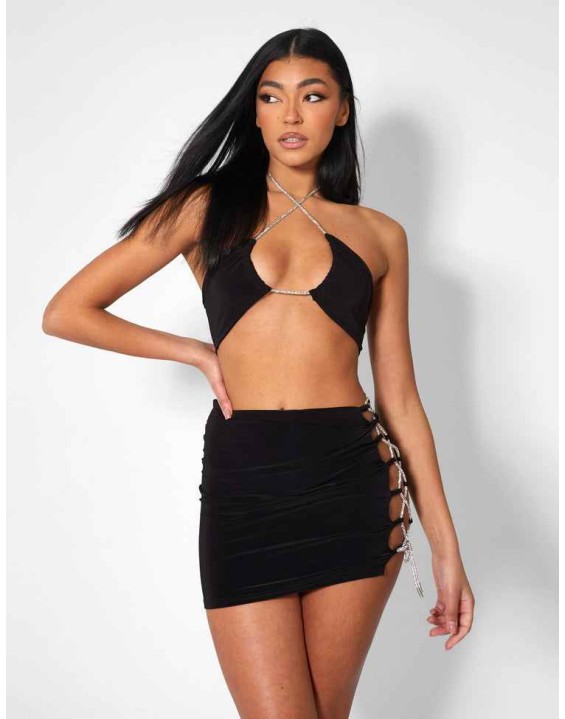 Diamante Rope Slinky Mini Skirt Black