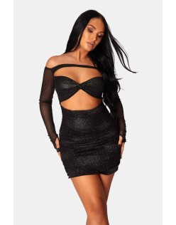 Glitter Mesh Cutaway Mini Dress Black