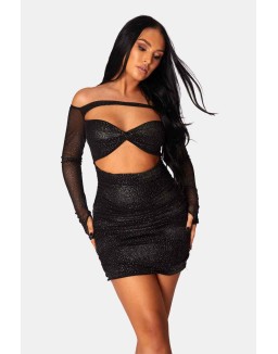 Glitter Mesh Cutaway Mini Dress Black