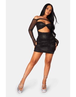 Glitter Mesh Cutaway Mini Dress Black