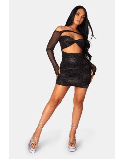 Glitter Mesh Cutaway Mini Dress Black