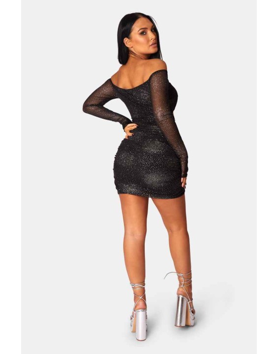 Glitter Mesh Cutaway Mini Dress Black