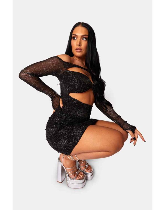 Glitter Mesh Cutaway Mini Dress Black