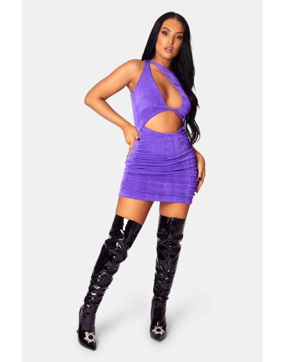 Asymetric Cut Away Slinky Mini Dress Purple