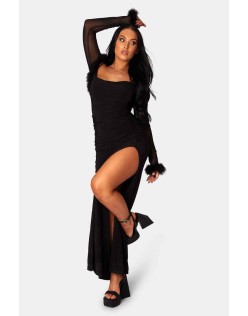 Cowl Neck Extreme Split Slinky Maxi Dress Black