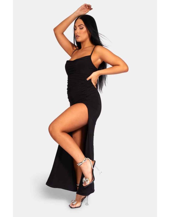 Cowl Neck Extreme Split Slinky Maxi Dress Black