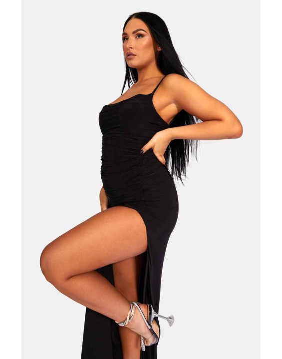Cowl Neck Extreme Split Slinky Maxi Dress Black
