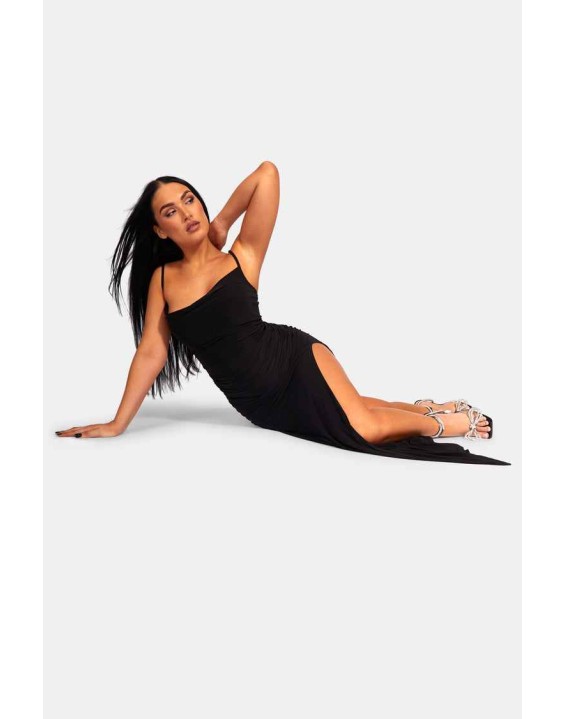 Cowl Neck Extreme Split Slinky Maxi Dress Black