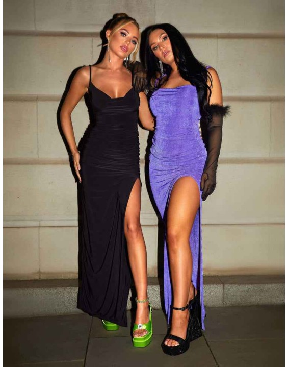 Cowl Neck Extreme Split Slinky Maxi Dress Black