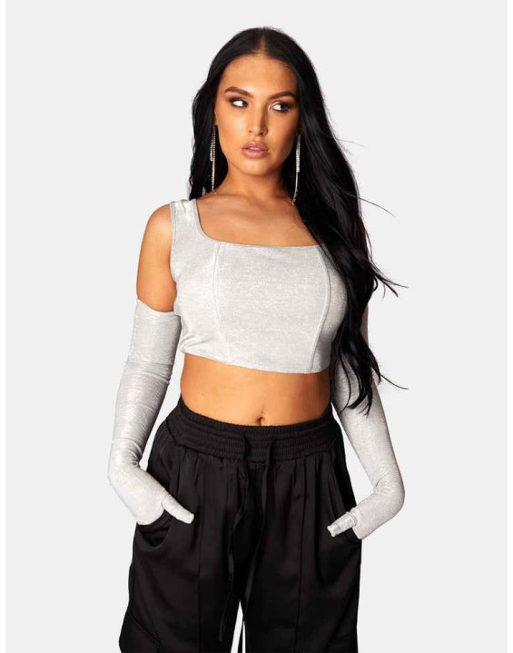 GLITTER CORSET TOP WITH MATCHING GLOVES SILVER