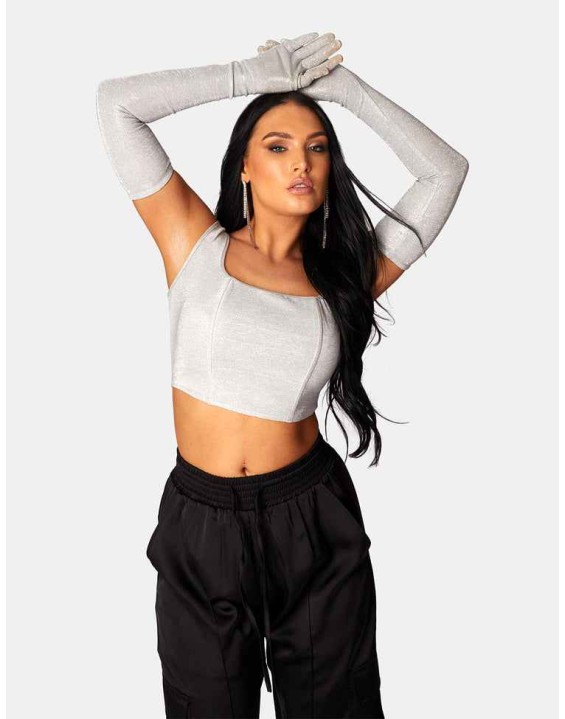 GLITTER CORSET TOP WITH MATCHING GLOVES SILVER