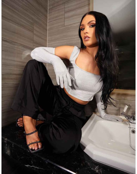GLITTER CORSET TOP WITH MATCHING GLOVES SILVER