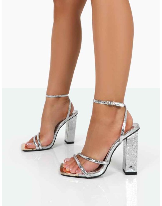 Influence Silver Metallic Croc Square Toe Block High Heels