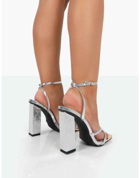 Influence Silver Metallic Croc Square Toe Block High Heels