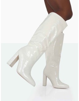 Posie Wide Fit Ecru Croc Knee High Block Heel Boots
