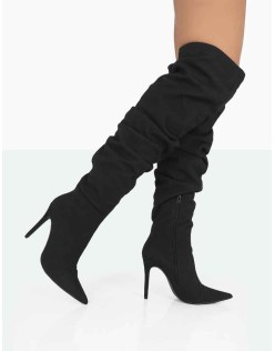Lariza Black Faux Suede Pointed Toe Stiletto Over the Knee Boots