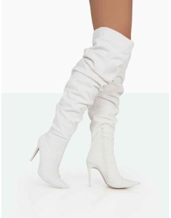 Lariza Off White Faux Suede Pointed Toe Stiletto Over the Knee Boots