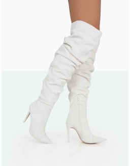 Lariza Off White Faux Suede Pointed Toe Stiletto Over the Knee Boots