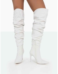 Lariza Off White Faux Suede Pointed Toe Stiletto Over the Knee Boots