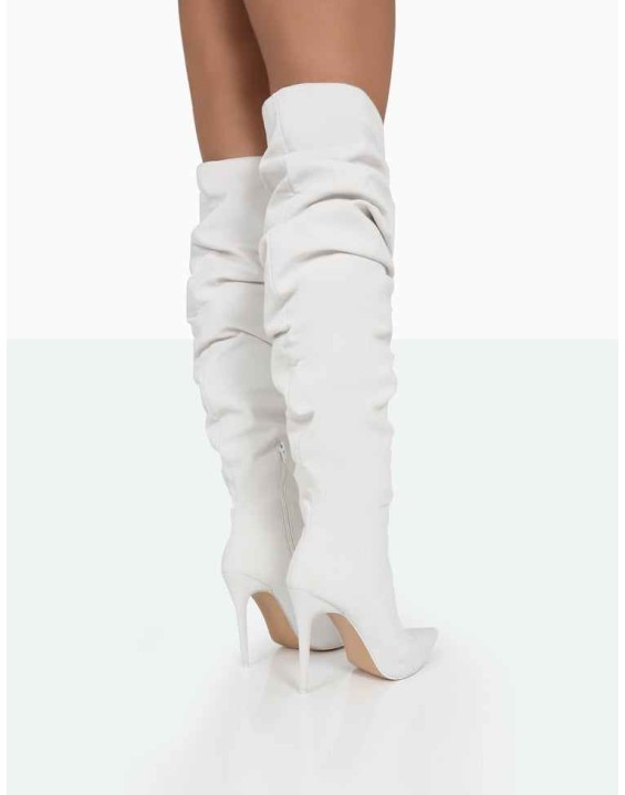 Lariza Off White Faux Suede Pointed Toe Stiletto Over the Knee Boots
