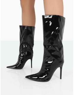 Wanda Black Patent PU Pointed Toe Stiletto Knee High Boots
