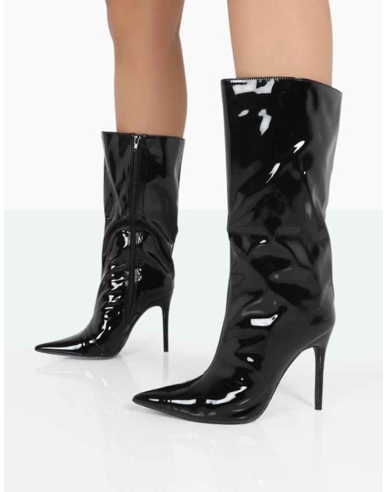 Wanda Black Patent PU Pointed Toe Stiletto Knee High Boots