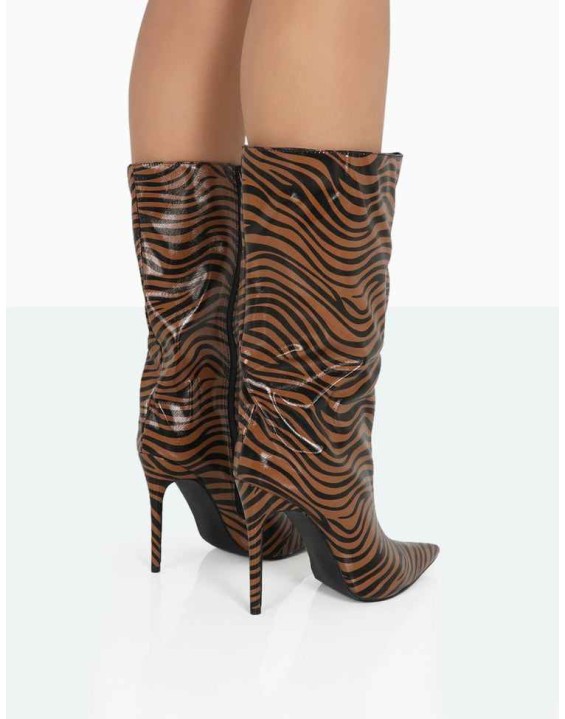 Wanda Camel Zebra PU Pointed Toe Stiletto Knee High Boots