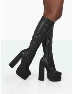 Passive Wide Fit Black Pu Square Toe Platform Block High Heel Over the Knee Boots