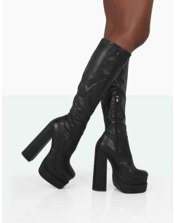 Passive Wide Fit Black Pu Square Toe Platform Block High Heel Over the Knee Boots