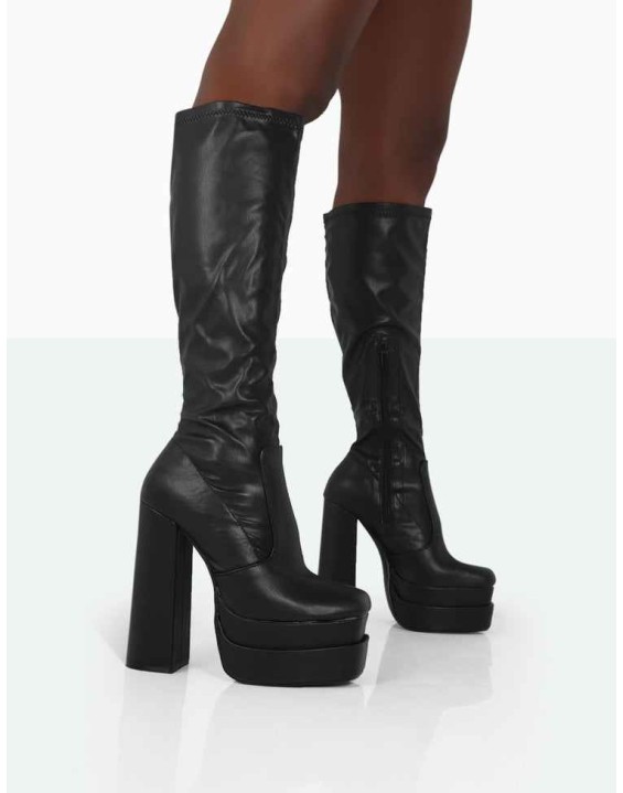 Passive Wide Fit Black Pu Square Toe Platform Block High Heel Over the Knee Boots