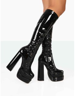 Passive Wide Fit Black Patent Square Toe Platform Block High Heel Over the Knee Boots