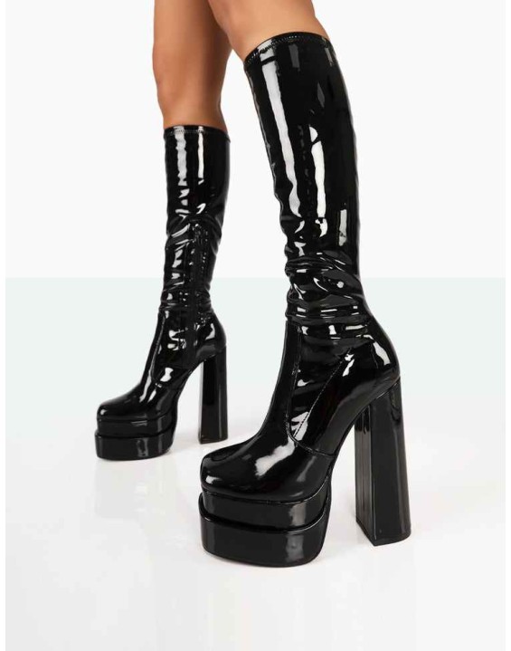 Passive Wide Fit Black Patent Square Toe Platform Block High Heel Over the Knee Boots