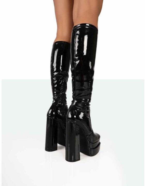 Passive Wide Fit Black Patent Square Toe Platform Block High Heel Over the Knee Boots