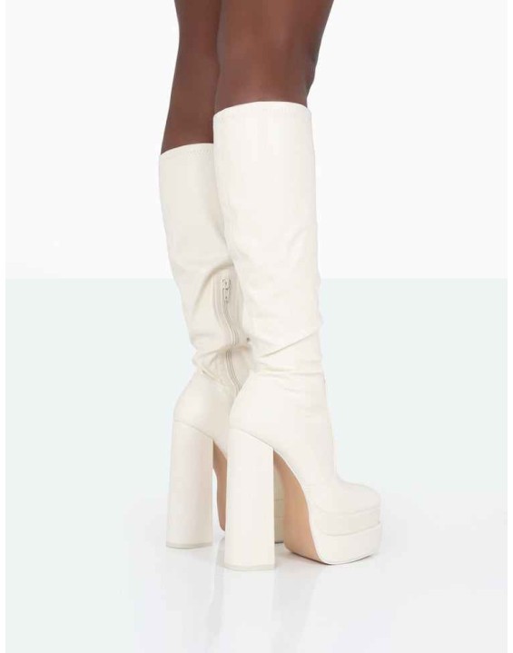 Passive Wide Fit Ecru Pu Square Toe Platform Block High Heel Over the Knee Boots