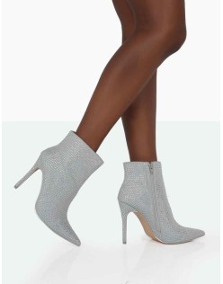 Verona Wide Fit Silver Sparkly Diamante Stiletto Ankle Boots