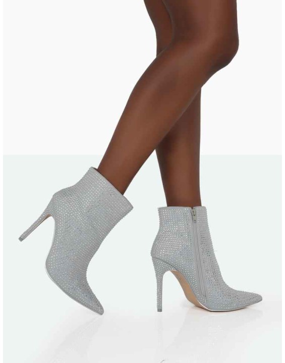 Verona Wide Fit Silver Sparkly Diamante Stiletto Ankle Boots