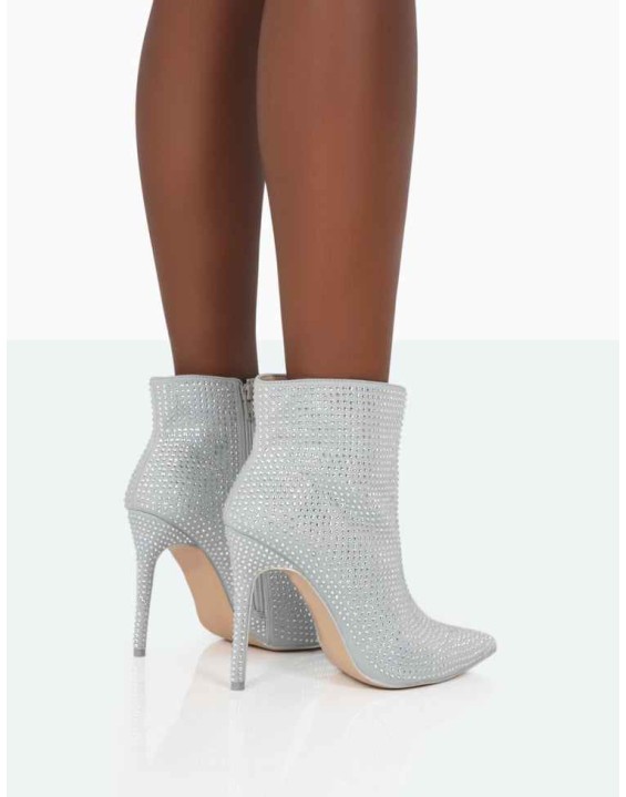 Verona Wide Fit Silver Sparkly Diamante Stiletto Ankle Boots
