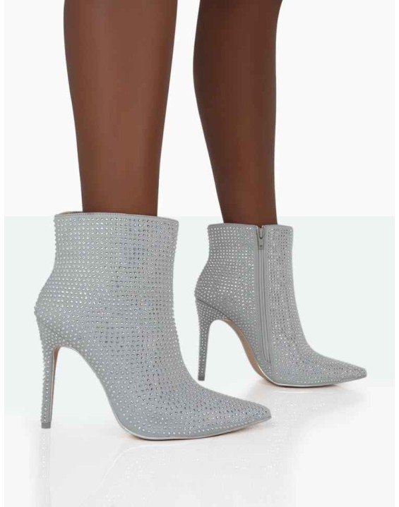 Verona Wide Fit Silver Sparkly Diamante Stiletto Ankle Boots