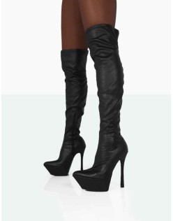 Trixie Black Grain Pu Stiletto Platform Over the Knee Boots