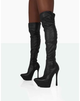 Trixie Black Grain Pu Stiletto Platform Over the Knee Boots