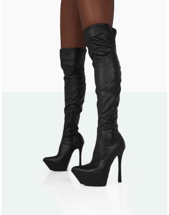 Trixie Black Grain Pu Stiletto Platform Over the Knee Boots