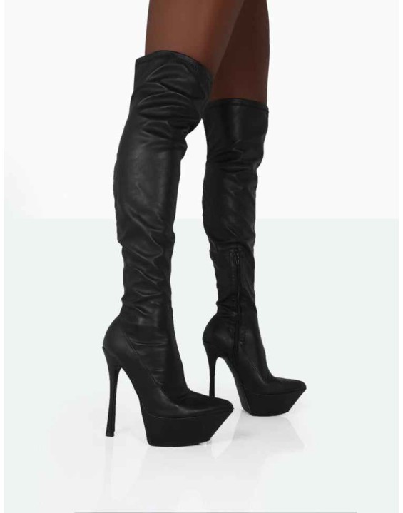 Trixie Black Grain Pu Stiletto Platform Over the Knee Boots