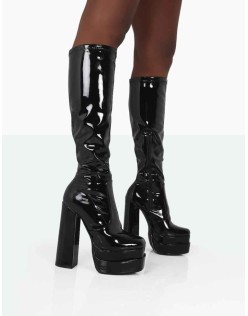 Passive Black Patent Square Toe Platform Block High Heel Over The Knee Boots