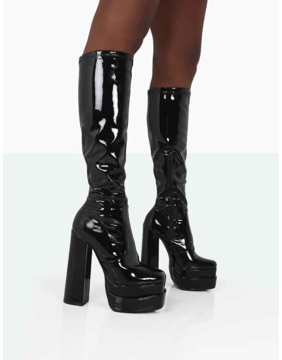 Passive Black Patent Square Toe Platform Block High Heel Over The Knee Boots