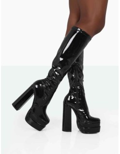Passive Black Patent Square Toe Platform Block High Heel Over The Knee Boots